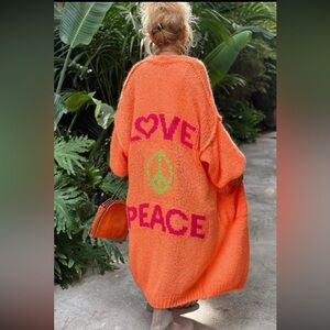 1093.  Love Peace Exposed Seam Sweater Long Cardigan - Orange